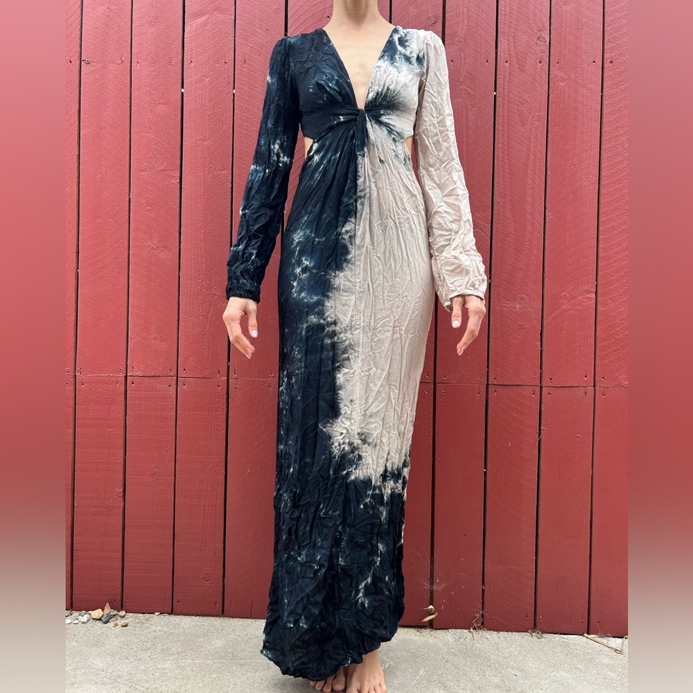Planet Blue Blue Moon tie dye maxi dress, silk, cutouts